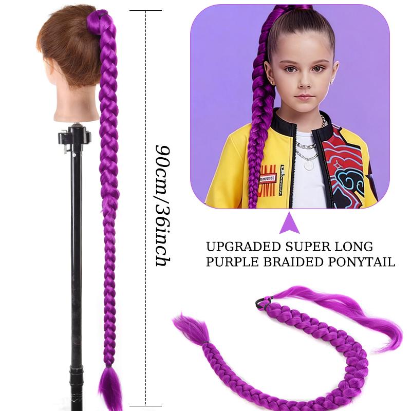 36inch Braided Purple Hair Ponytail Wig Super Long Ponytail with Elastic Hair Band for Kids Party Cosplay Use Purple Wig