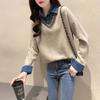 Fake Two-piece Sweater Women's Patchwork Denim Shirt with A Collar Casual Top Loose Long-sleeved Pullover and A Knitted Sweater