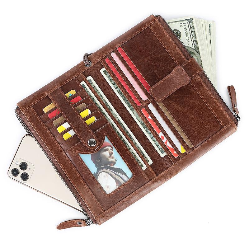 Vintage Crazy Horse Cowhide RFID Anti-theft Brush Men's Wallet Long Men's Zipper Bag