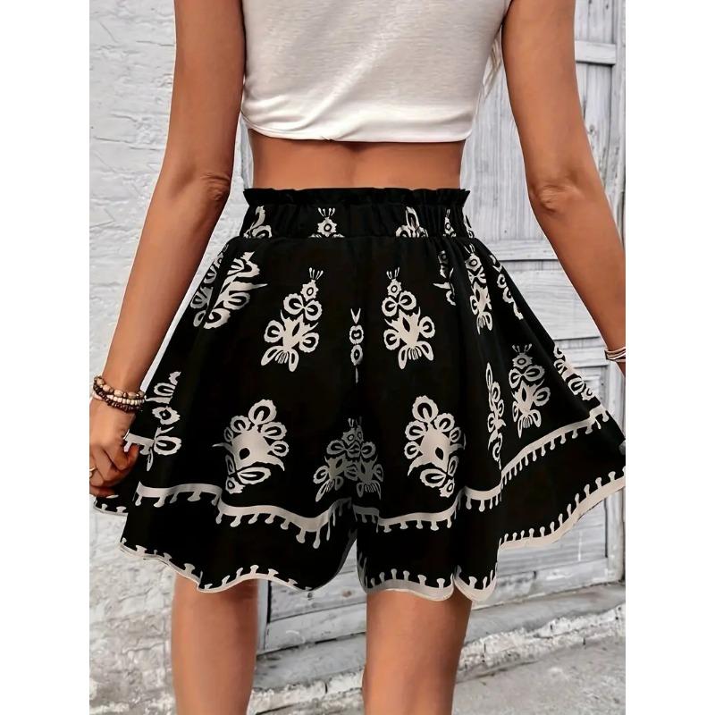 Fashion Summer Bohemian Vacation Women's Wide Leg Shorts High Waisted Casual Loose Female Shorts Printed Vintage Women's Beach Pants New