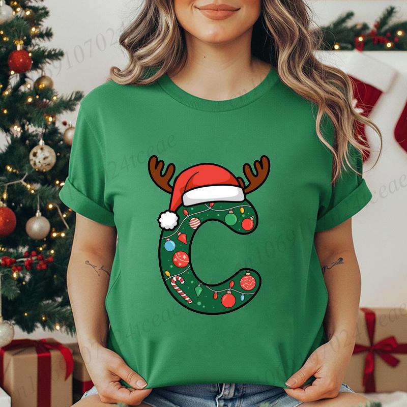 Fashion Printed T Shirt Festive Christmas Alphabet Letter with Santa Hat Women T Shirt Short Sleeves Crew Neck Female Clothes