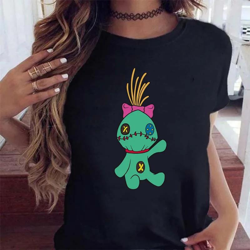 New Fashion Female Clothing Cartoon Disney Stitch Women's T-shirt Summer Short Sleeve Black Tops