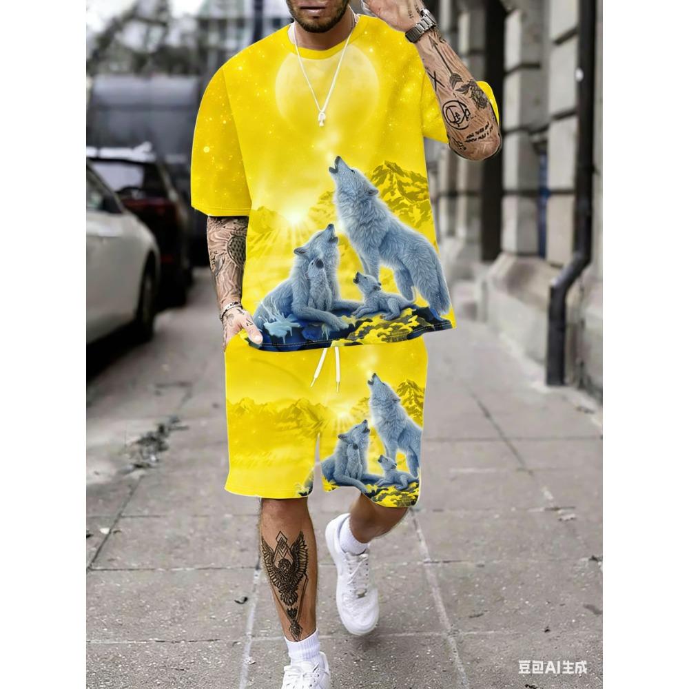 Men's Starry Sky Wolf Pack Print Short-Sleeved T-Shirt and Shorts Set