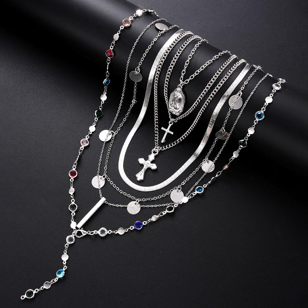 7Pcs Multilayer Cross Necklace Set For Women Colorful Rhinestone Cross Pendant Layered Chain Necklaces Religious Jewelry New