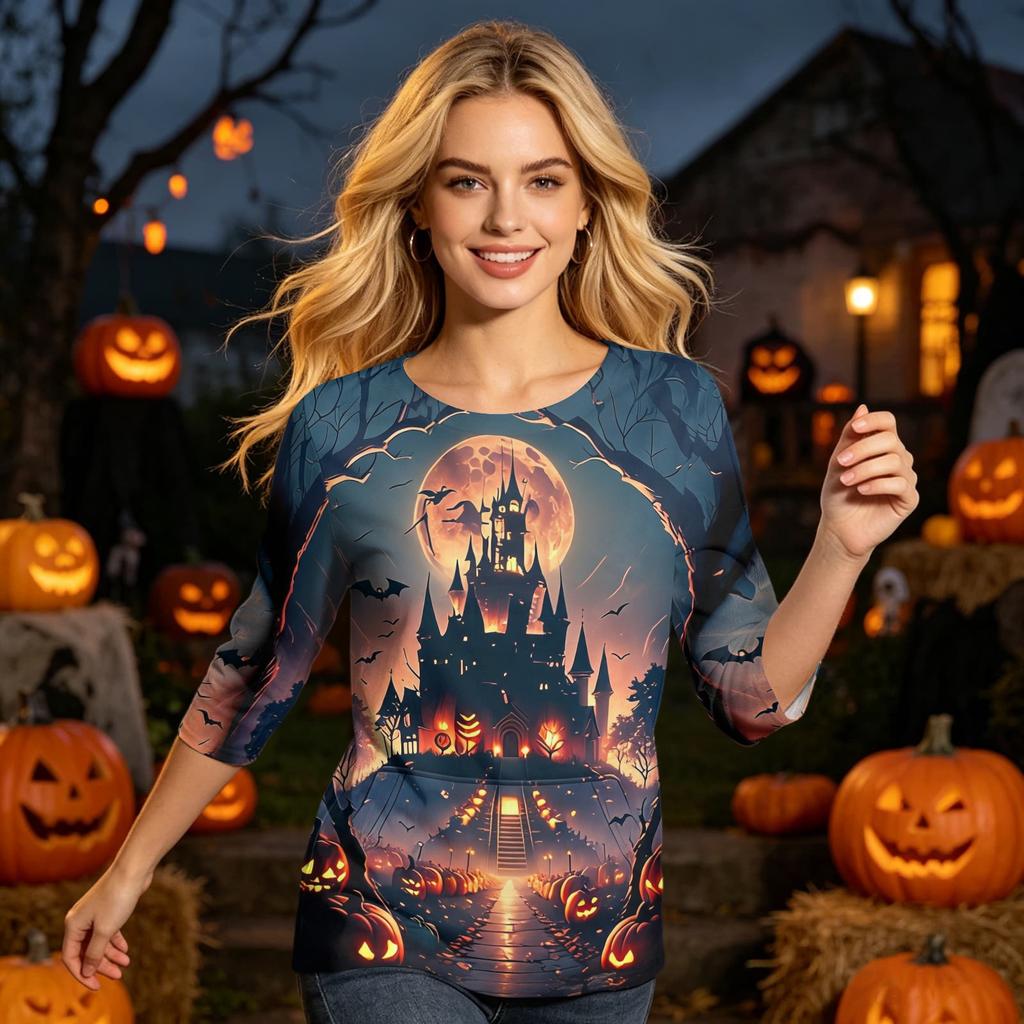 Women's Halloween Print Round Neck Three-Quarter Sleeve Blouse Top for Fall Parties
