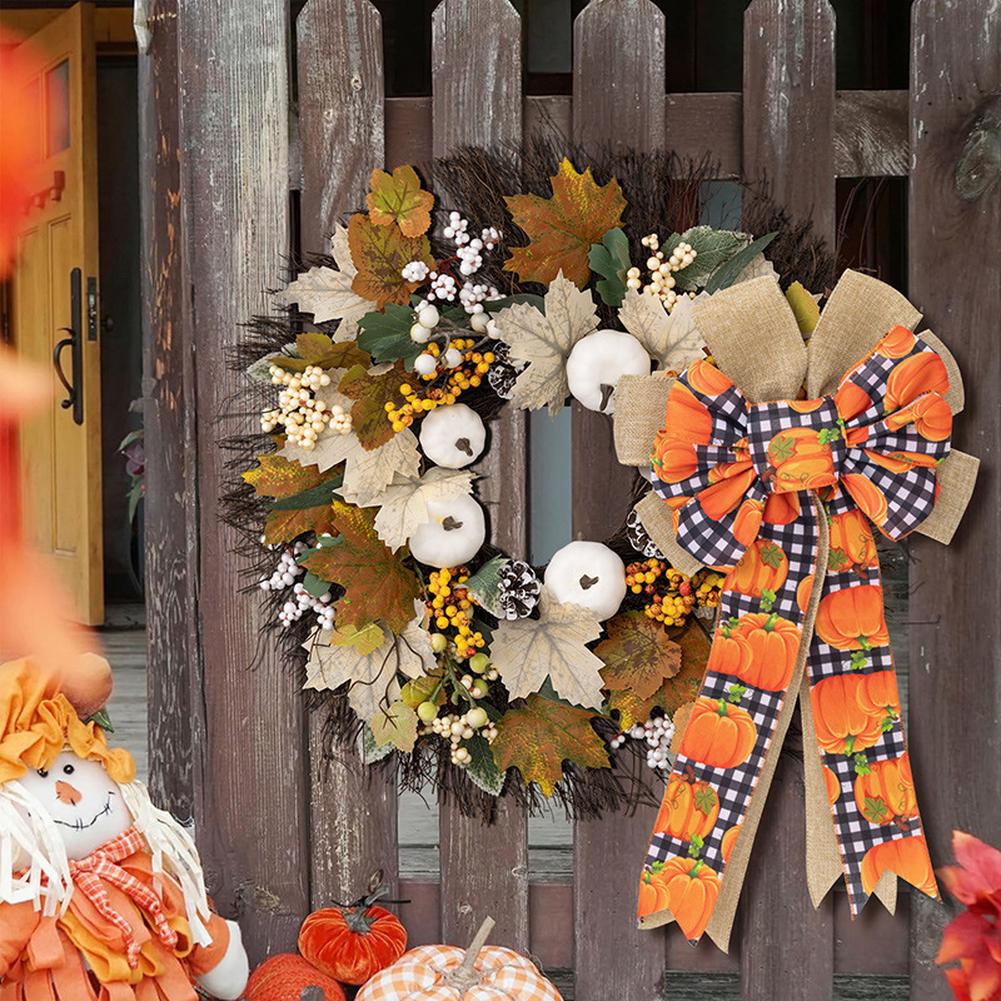 3pcs Large Fall Bows, Pumpkin Plaid Print Bows For Wreaths, 11"x19.7" Thanksgiving Ribbon Bows For Home Indoor Outdoor Decoration Ornament