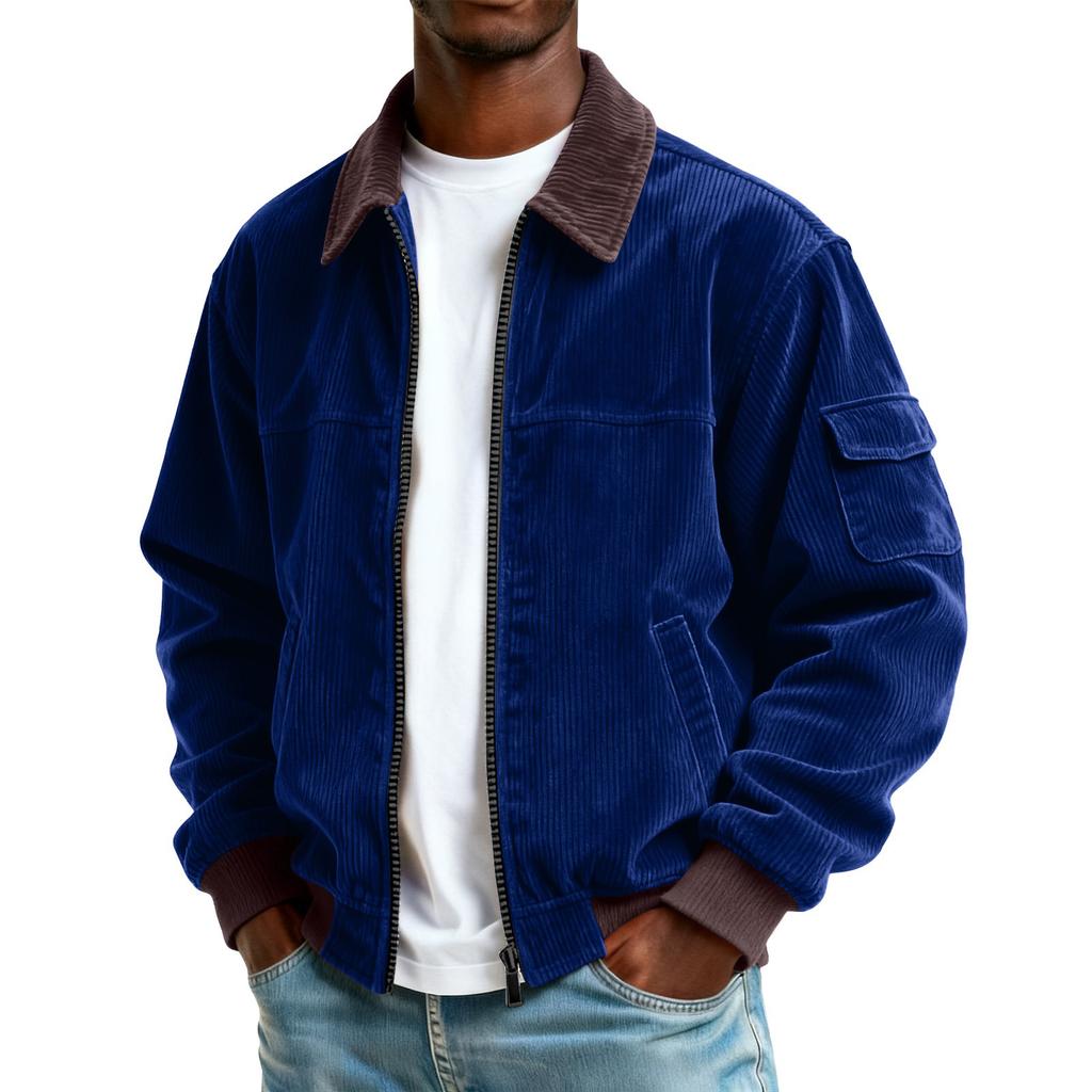 Men's Colorblock Corduroy Pocket Zipper Jacket Men's Plus Size Casual Sports Jacket