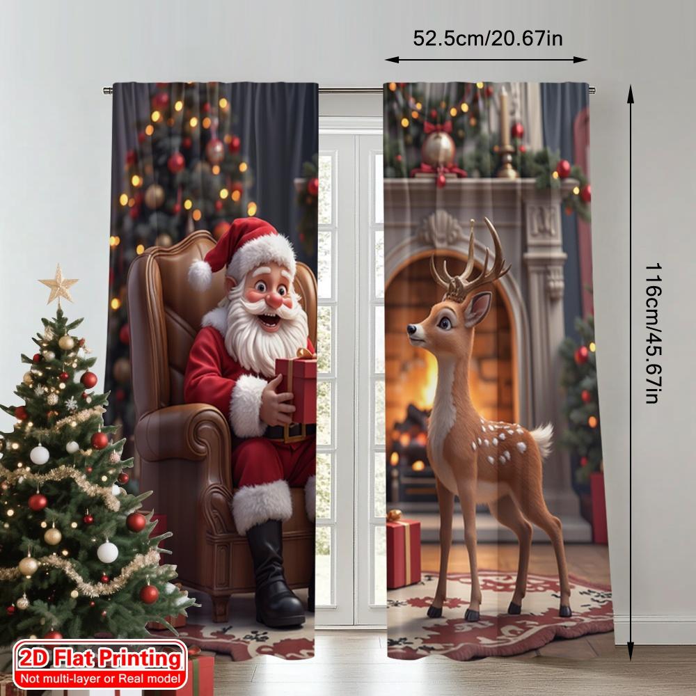 2pcs 2D Flat Printing Merry Christmas Curtain Santa Claus Deer Christmas Fireplace Fabric Without Electricity Festive Wall Decor