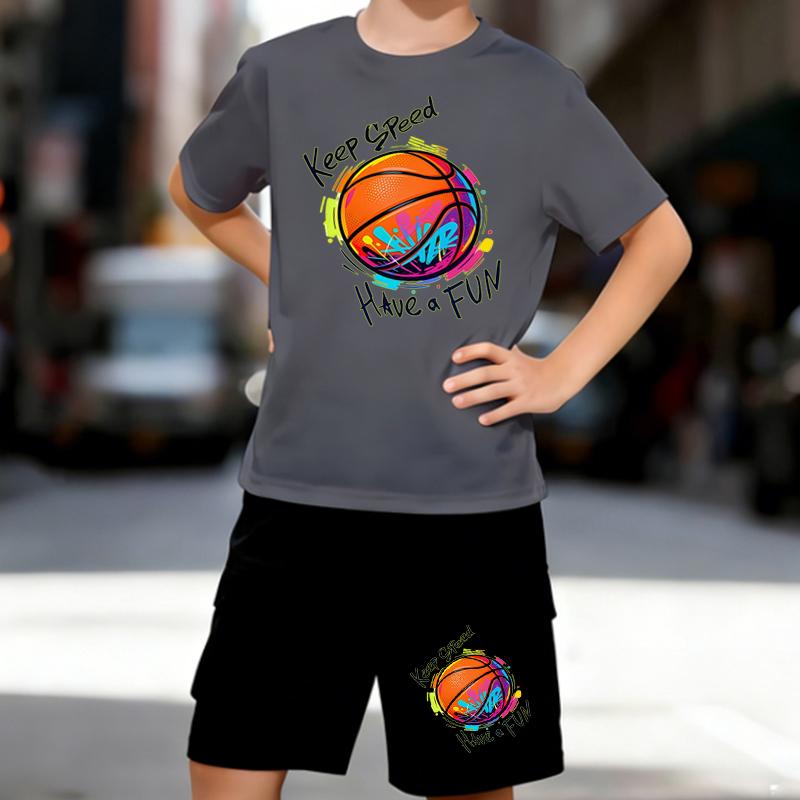 Boys 2 Piece Basketball Themed Print Outfit, Short Sleeve T-Shirt and Shorts Set for Kids Age 5-14,Black and White Sporty Casual Summer Clothes