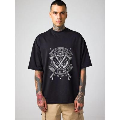 Men's Oversized T-Shirt Black Graphic Print with Anchor Crossbones and Motto Text Casual Streetwear for Everyday Wear