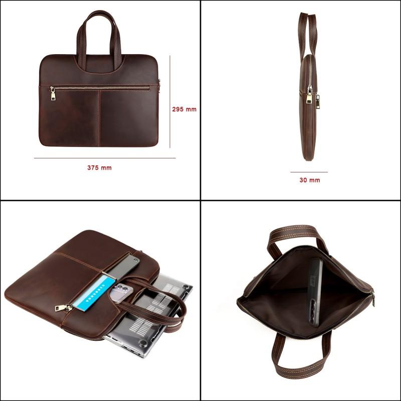 Genuine Crazy Horse Leather Laptop Sleeve MacBook Pro 15 Inch With Zipper Business Office Carry Case Unisex