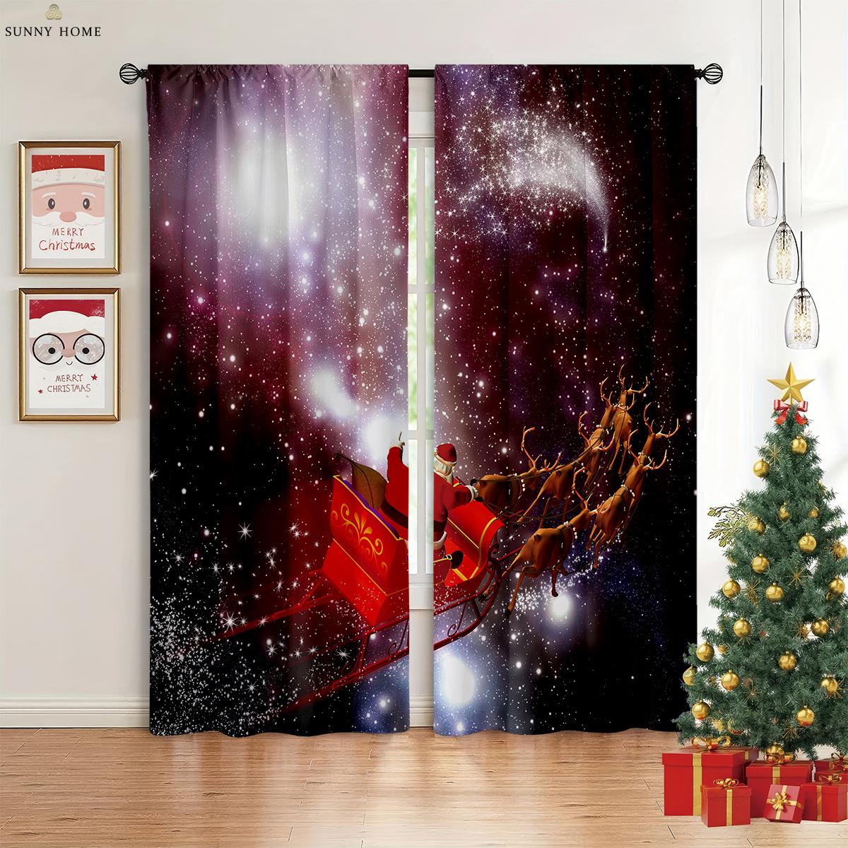 

Рождественские украшения Шторы Рождественская елка Санта-Клаус Мультфильм Принт Шторы Ресторан Спальня Праздничное украшение Шторы W50xH140(CM)x2PCS&Grommet Top