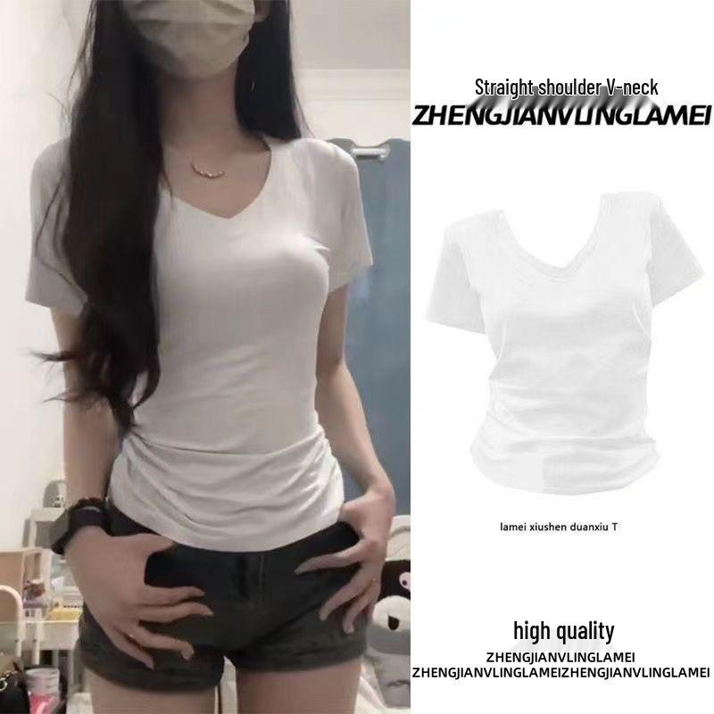 Women's Slimming Waist-Cinched V-Neck Cotton T-Shirt, Summer 2026 Design