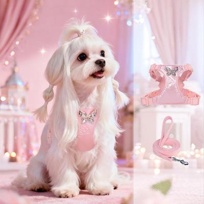 Pet Dog Butterfly Rivet Diamond Harness and Leash Princess Style