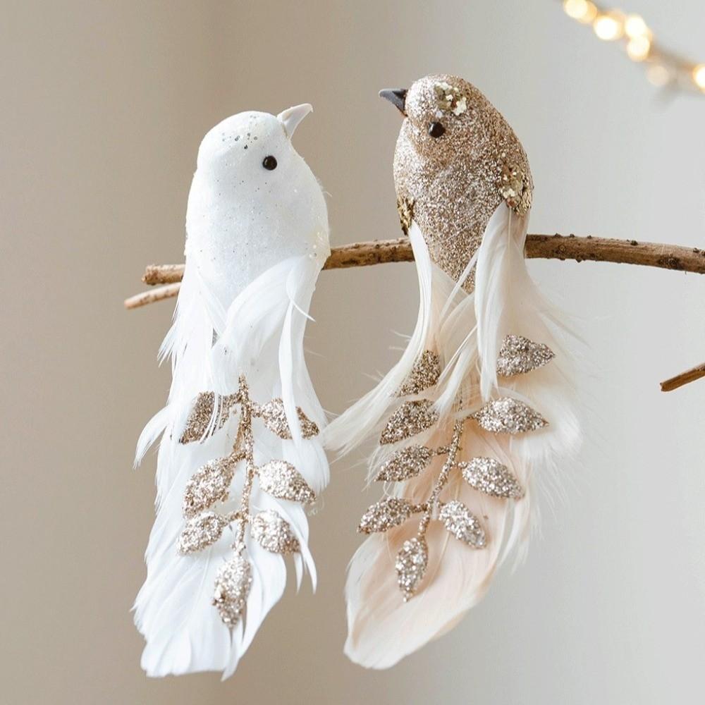 1pair Long Feather Tail Artificial Bird Ornament Glitter Finish Feather Bird Pendant Christmas Tree