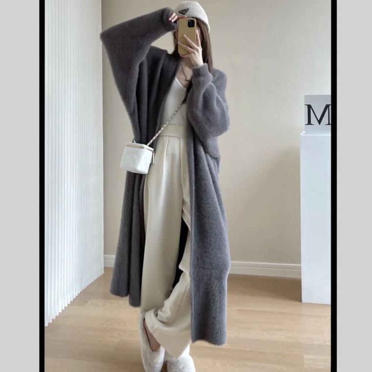 

Женское пальто-свитер из норки и кашемира в стиле ретро-шик - Ленивый стиль, средней длины, до колена, свободного кроя, вязаный кардиган для осени и зимы. One Size