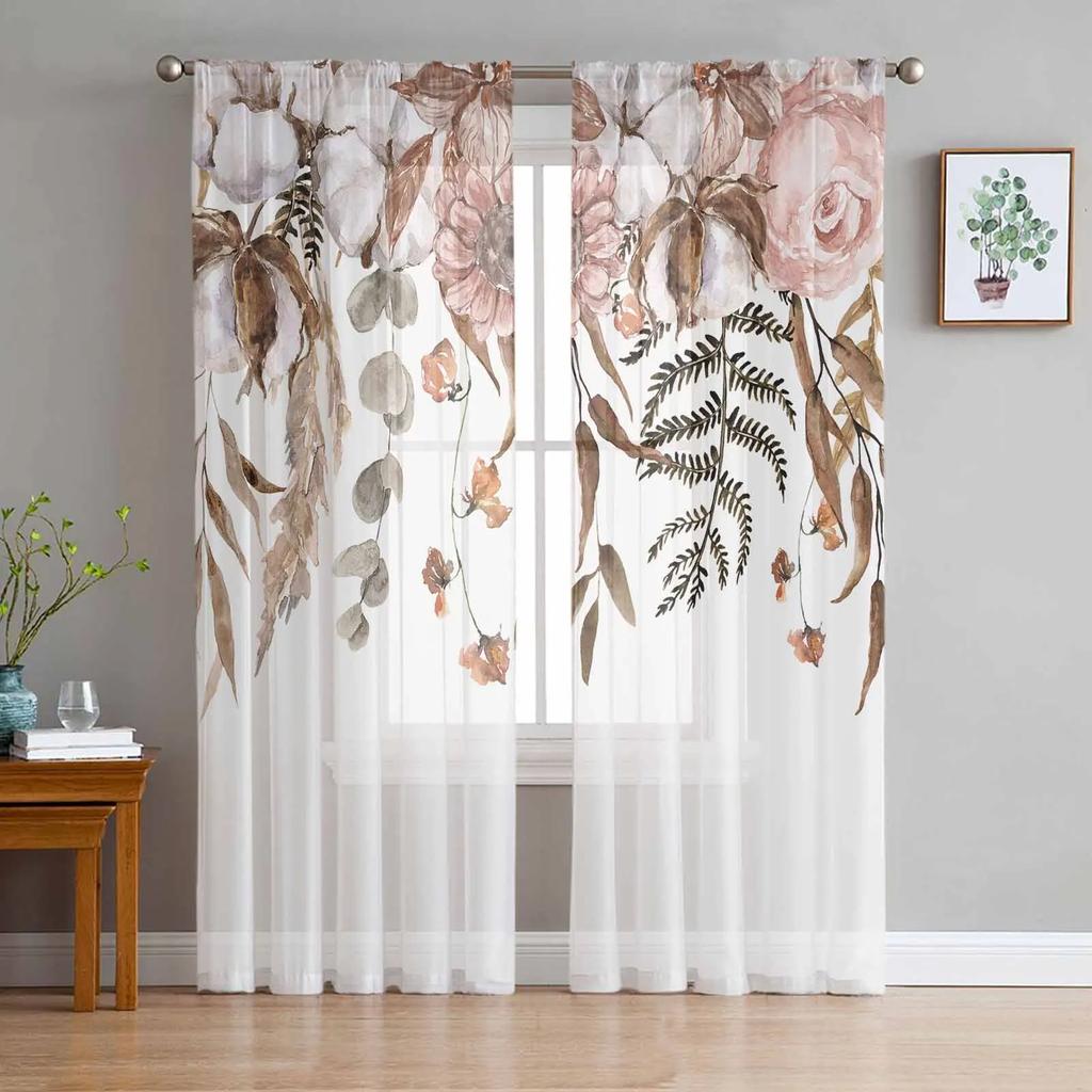 Retro Plant White Flower Abstract Sheer Curtains for Living Room Decoration Window Curtain Kitchen Tulle Voile Organza Drapes