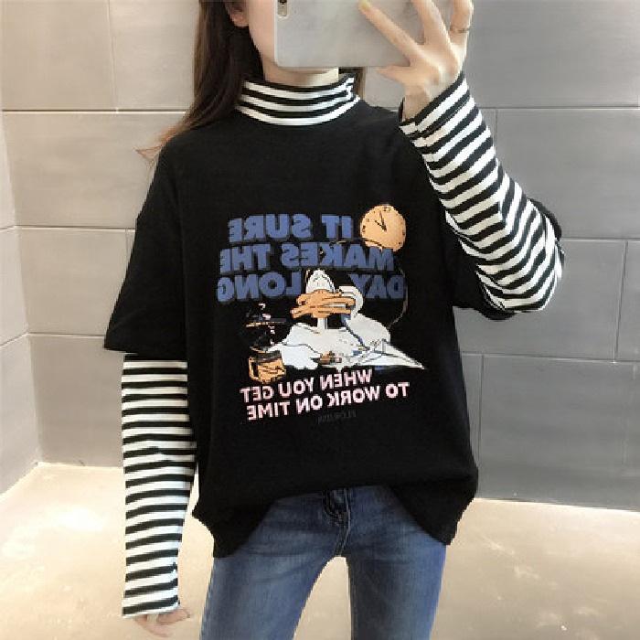 Women's Slim Fit Half-High Collar Two-Piece Effect Long-Sleeve T-Shirt - Autumn Style