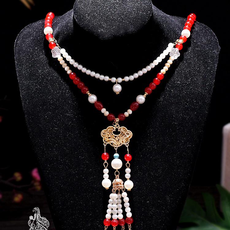 Bright Red Long Tassel Hanfu Necklace - Ethnic Style Yinglu Accessories for Women