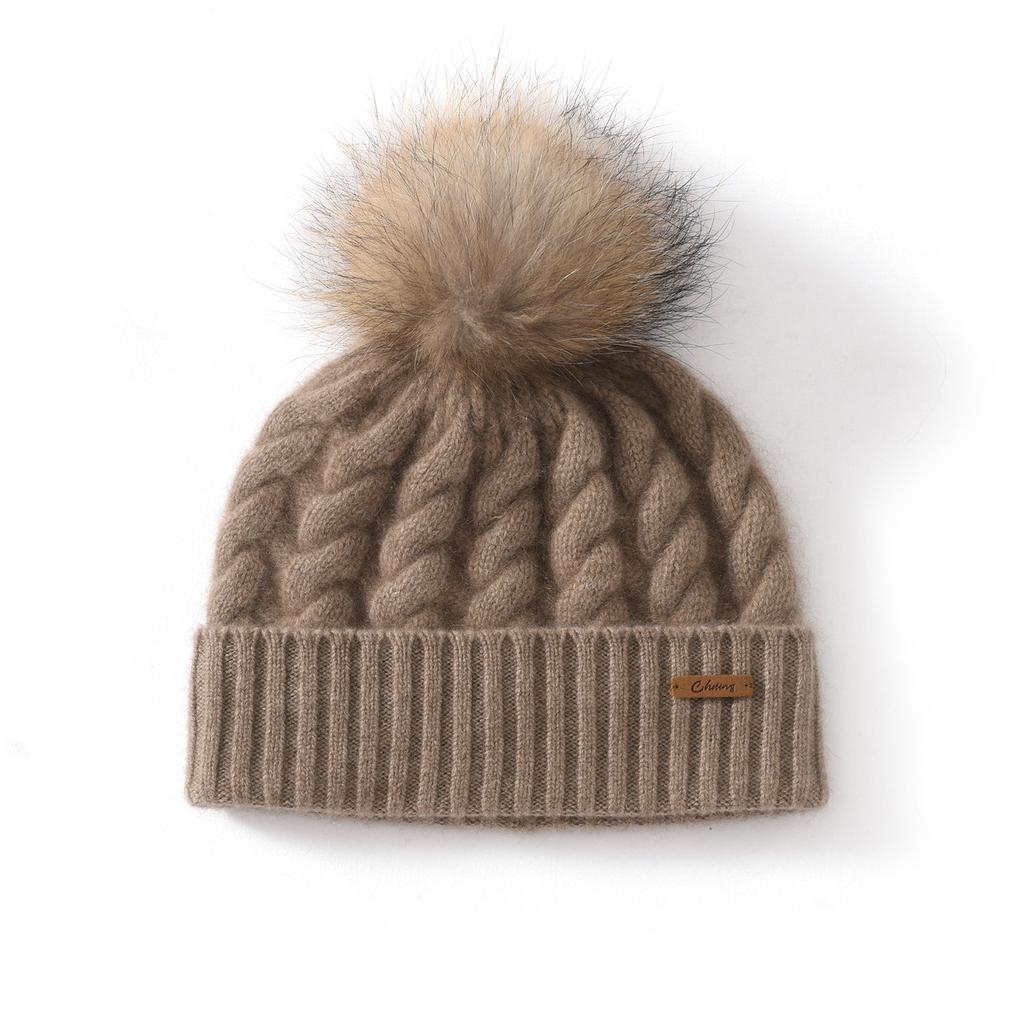 % Cashmere autumn and winter new women's high-end solid color twisted flower hairball warm fashion knitted casual hat