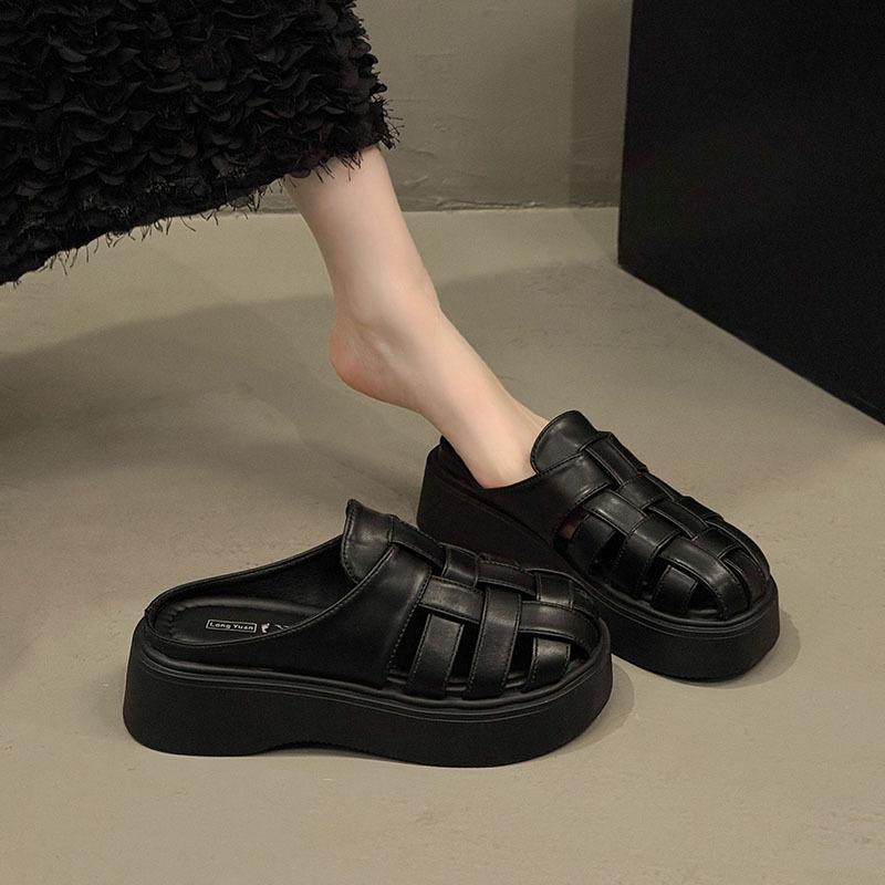 Baotou Half Slippers Women's Summer New Outer Wear Woven Hollow Muller Shoes Square Head Retro Maillard Roman Women's Sandals