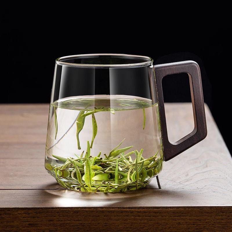 High-Temperature Resistant Glass Tea Cup with Walnut Handle, Perfect for Home or Office Use