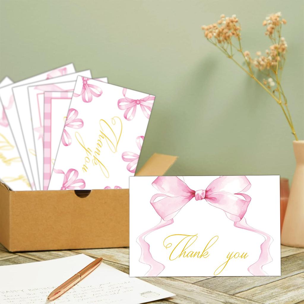 Watercolor Bow Greeting Cards Set with Envelopes, Thank You Notes for Birthday Wedding Blessing Messages, Party Favors