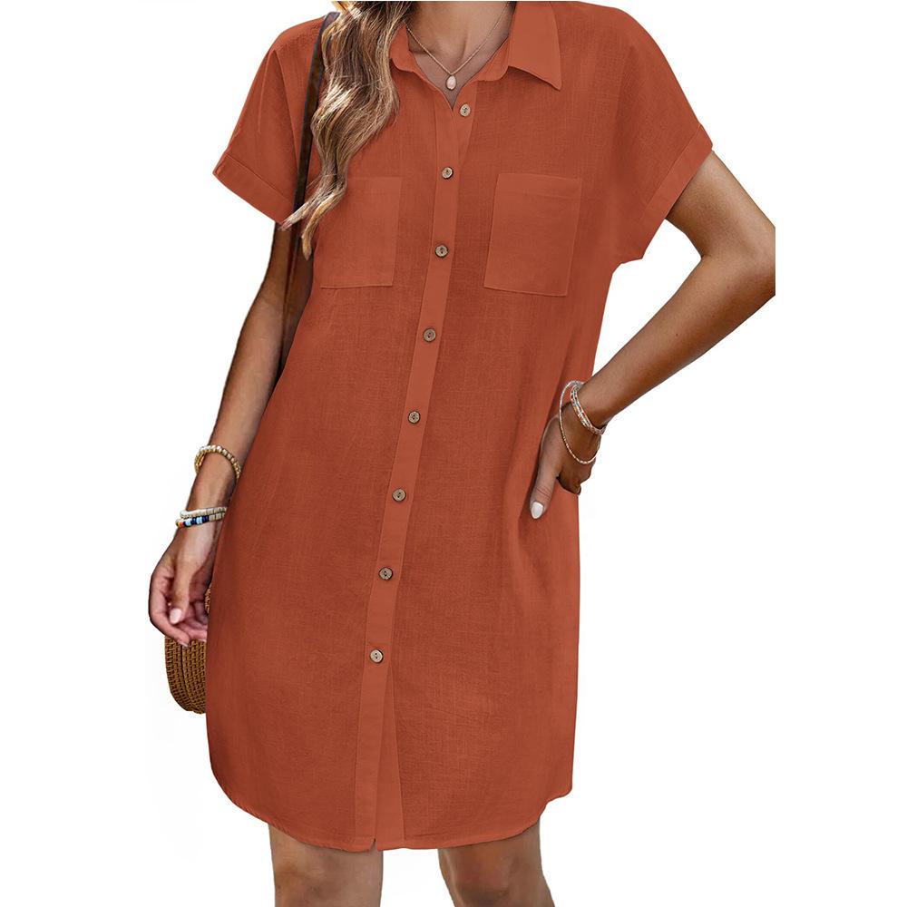 Women's Short Sleeve Vertical Striped Shirt Dress Casual Button Down Loose Midi Tunic Dress With Chest Pockets