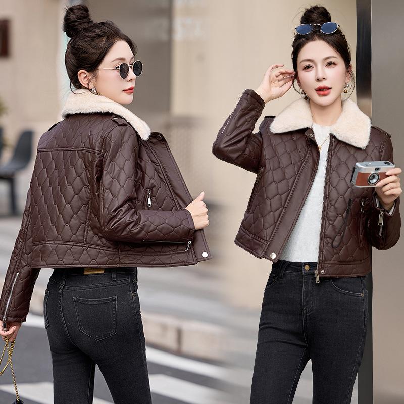 Popular fur collar fleece leather jacket women's short winter new small motorcycle jacket cotton coat