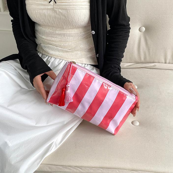 Striped Pvc Makeup Bag Waterproof Washable Zipper Cosmetic Pouch With Tassel Portable Travel Storage Hand Bag For Women Gift
