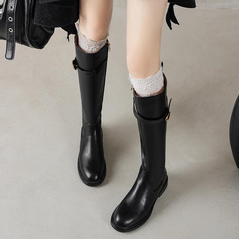 Women Knee High Boots Fashion Belt Buckle Long Tube Boot Quality Soft Leather Boot Slim Knight High Boots Lady Boots Botas Mujer