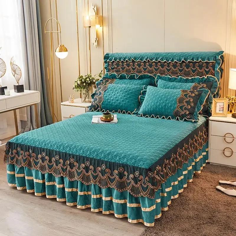 Soft Ruffles Bedskirt Set Queen European Vintage Lace Velvet Thicken Bedspread King Size Wedding Quilted