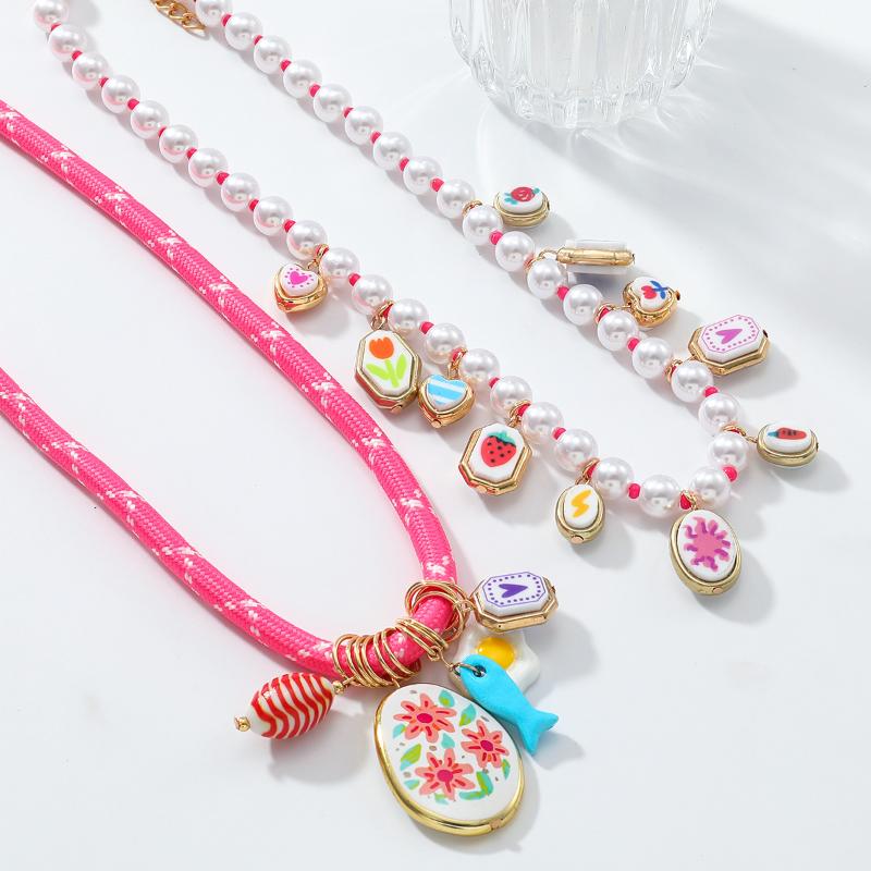 Imitation Pearl Bead Alloy Small Fish And Flower Geometric Pendant Double-Layer Necklace Set For Women Jewelry Gift