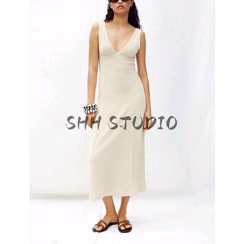 Summer New Product Women's Clothes French Style Vacation Style V Neck Sleeveless A- Line Hem Midi Skirt Dress 5584222