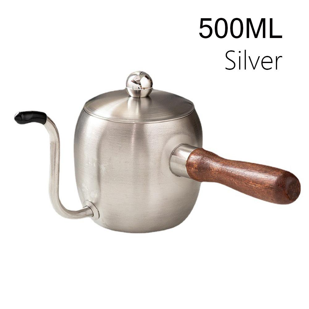 

Чайник для кави та чаю з тонким носиком, нержавіюча сталь, гусяча шия, для заварювання кави методом Pour Over, з дерев яною ручкою, чайник для кави та чаю 500 мл срібний