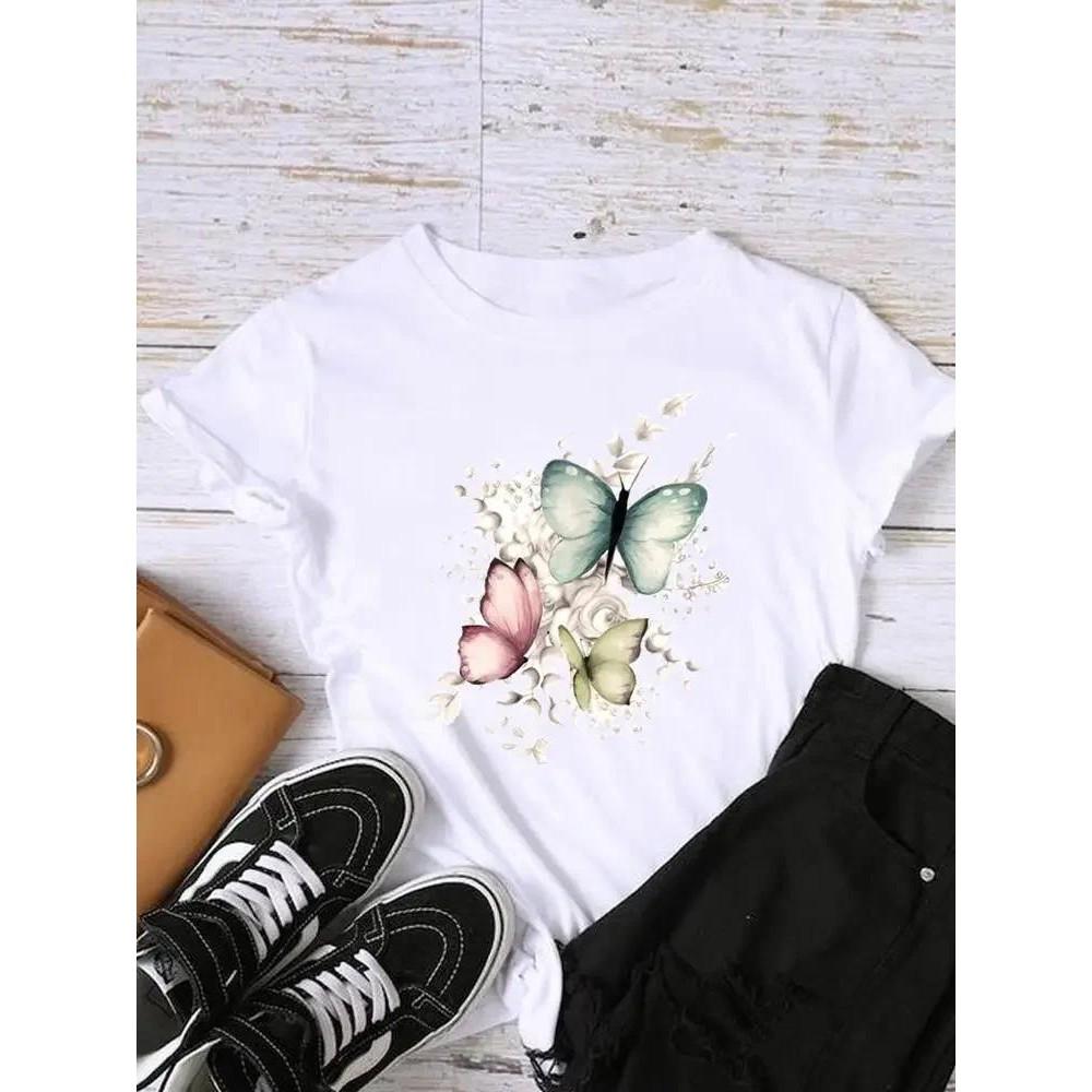 Sleeve Graphic T-shirt Women Top Print Fashion Clothing Watercolor Trend Lady Female Shirt Tee Clothes