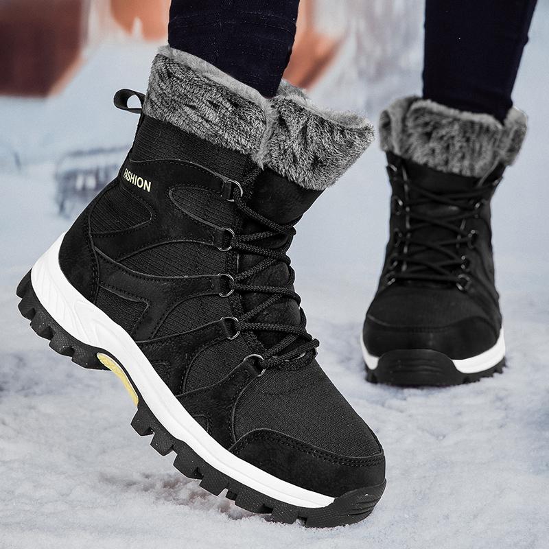 Couple Lace-up Snow Boots Fur-lined Half Boots Plush Cotton Shoes Anti-slip Winter Warm Outdoor Sneakers Wear-resistant