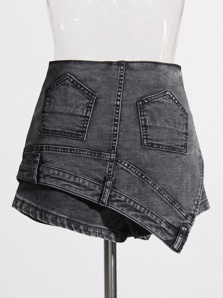Street Style Denim Skort 2026: Irregular Waist, High-Waisted Wash, Faux Two-Piece Shorts