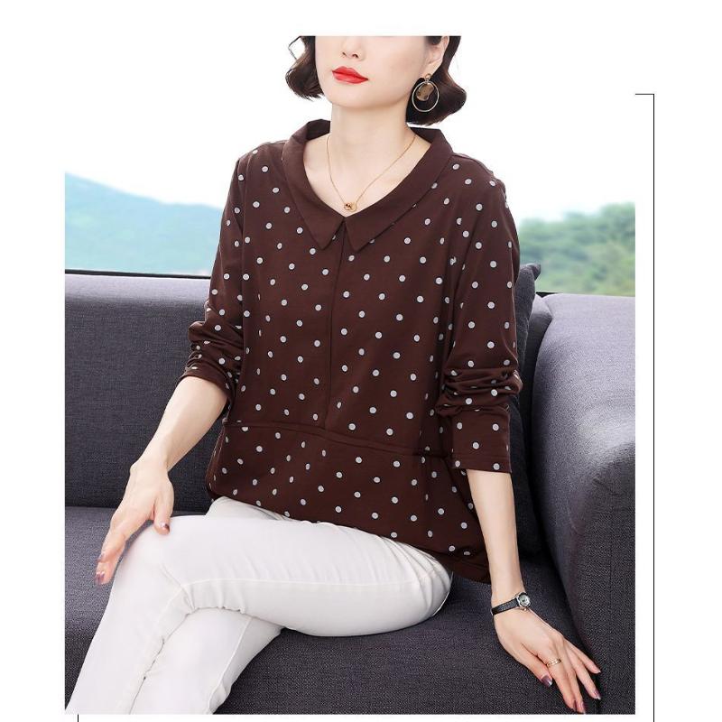 Autumn Pure Cotton Long-sleeved T-shirt for Middle-aged Mothers  Polka-dot Doll Collar Top Loose Bottoming Shirt