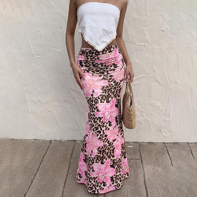 Womens Floral Boho Maxi Skirts Elastic High Waisted Ruched Stretchy Elegant Mermaid Casual Long Skirt S