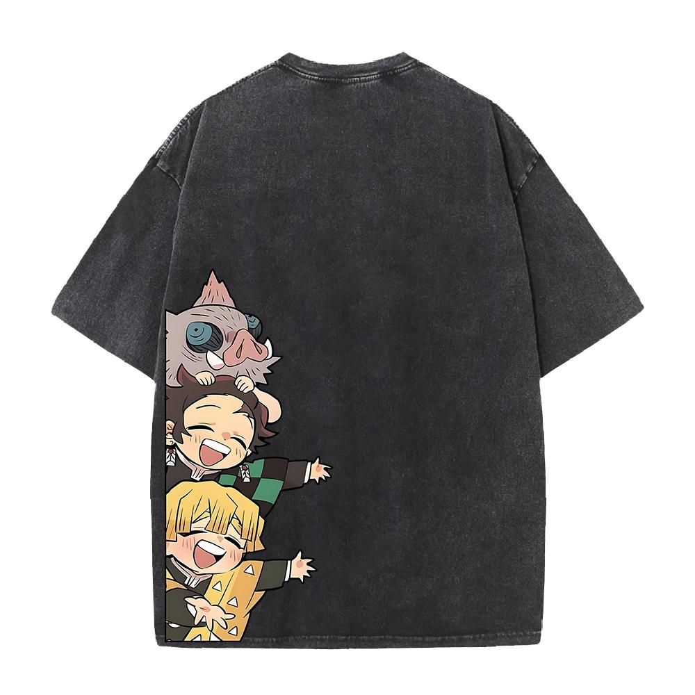 Hot Anime Demon Slayer Kamado Tanjirou Graphic Tee Men Manga Vintage T-shirts Washed Cotton T Shirt Harajuku Male Casual Tshirt
