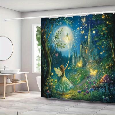 Enchanted Fairy Castle Waterproof Mildew-Resistant Shower Curtain -Magical Forest Design for a Fantasy Bathroom Décor Experience
