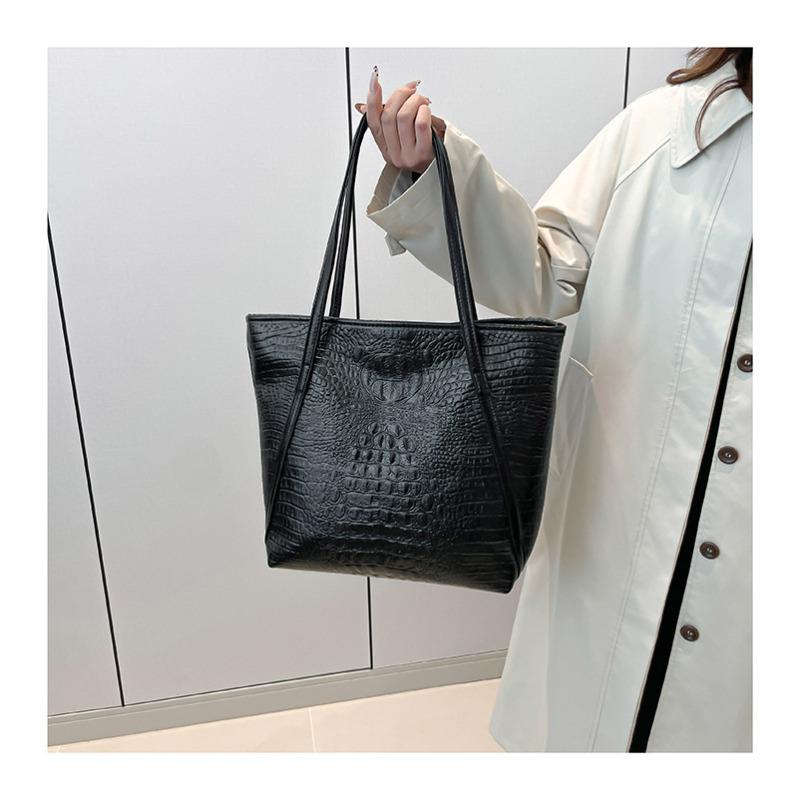 European Retro Crocodile Print Faux Leather Tote Bag for Women, Spacious Vintage Style Shoulder Handbag, Casual Daily Commute Work Bag CLE