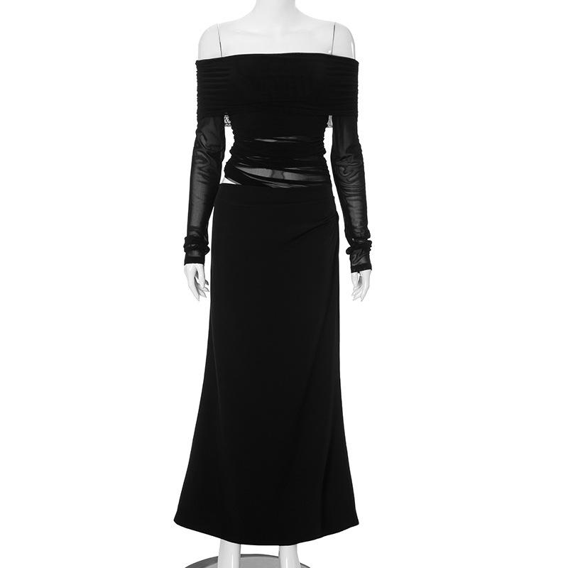 Frühling Elegantes Mesh Patchwork Maxikleid Damen Sexy Sheer Off Shoulder Slim Partykleid Mode Langarm Urlaub Kleid