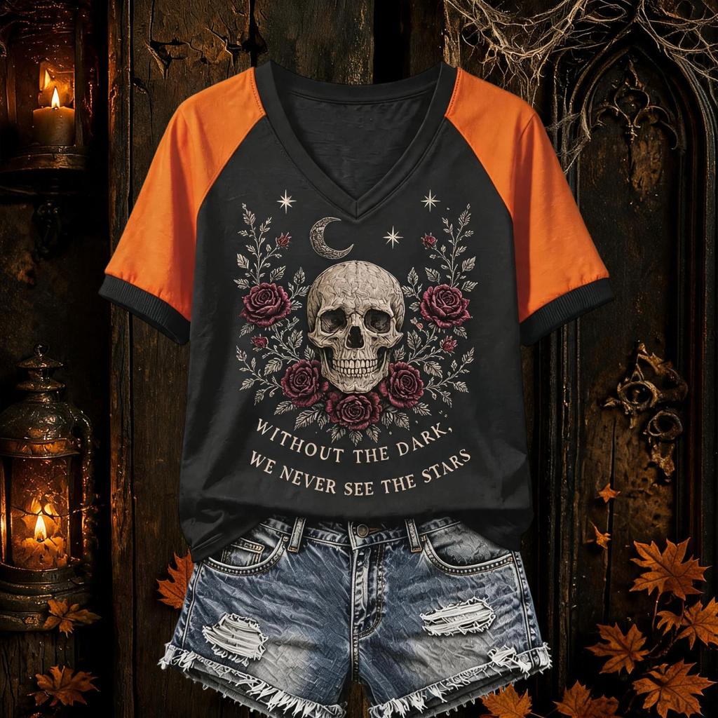 Women's Halloween Themed Raglan Short Sleeve T-Shirt for Party and Everyday Wear