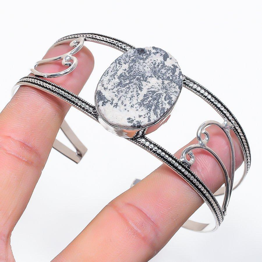 Natural Psilomelane Dendritic 925 Sterling Silver Cuff Bangle Adjustable F5K61