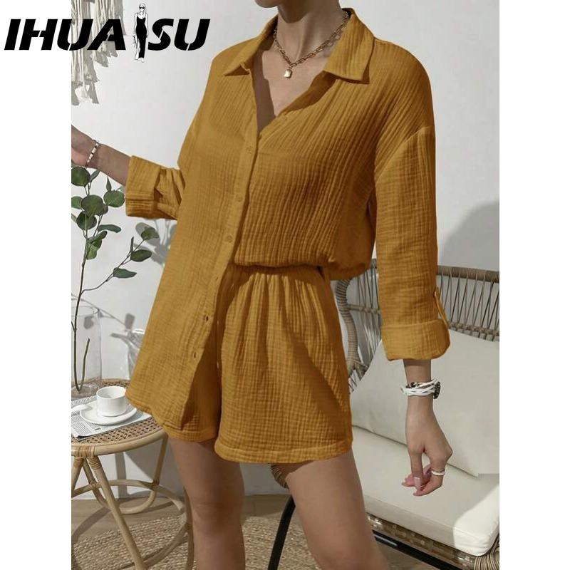 IHUASU Women's Spring and Summer Fashion Solid Colour Long-sleeved Shirt Suit Women Casual Loose Shorts Two-piece Set