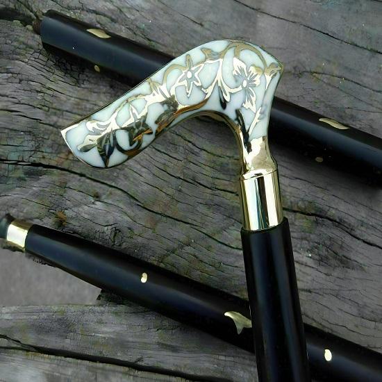 Antique Brass Flower Leaf Solid White Style Vintage Black Wooden Walking Stick Cane Gift for Men and Women