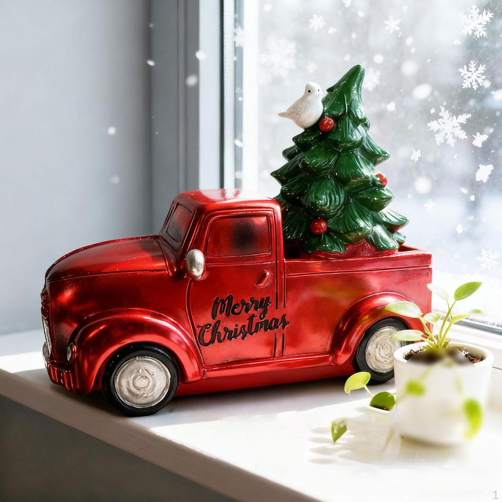 Christmas Tree and Truck Statue Ornament Artwork Sculpture Resin Figurine for Bookshelf Housewarming