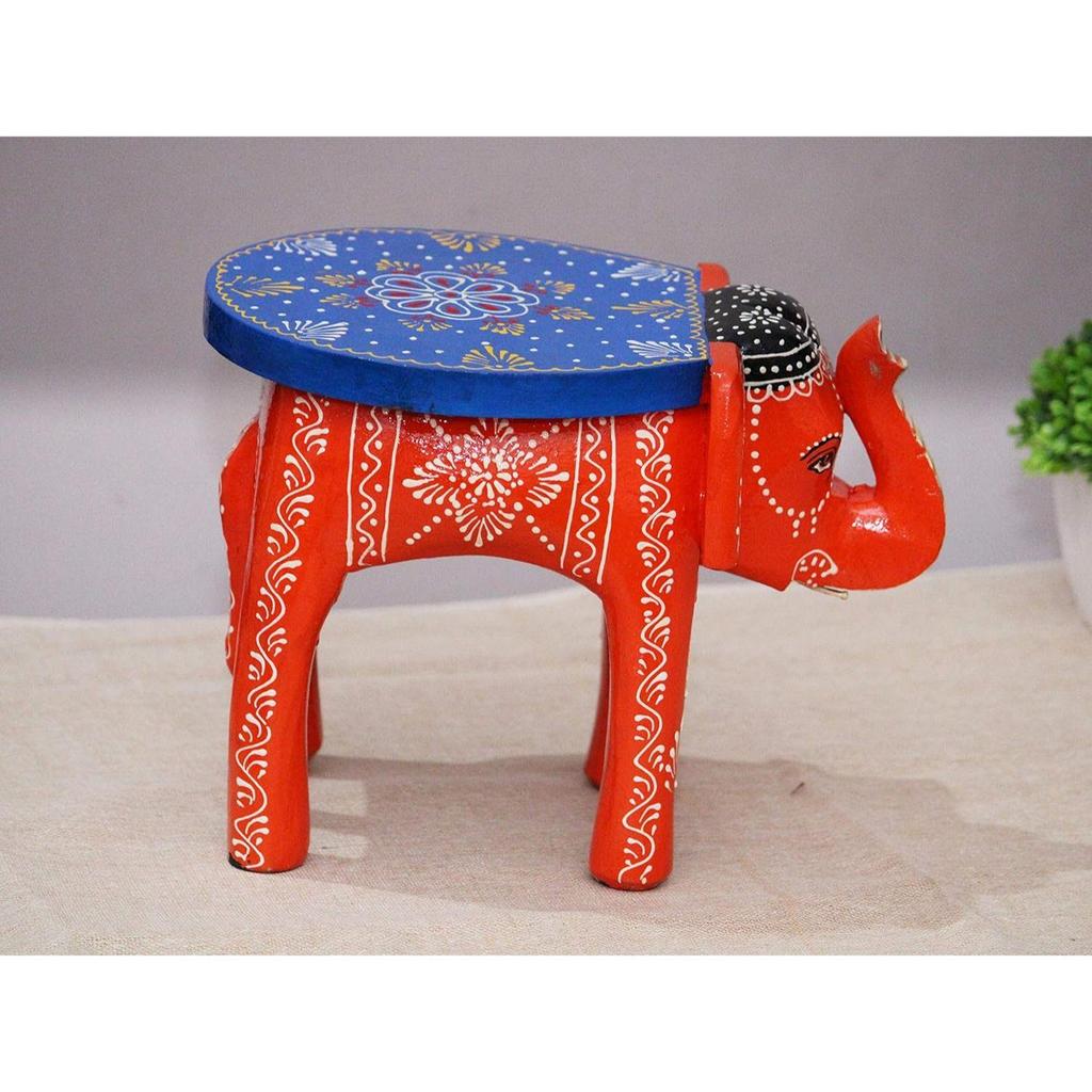 Handcrafted and Emboss Painted Colorful Wooden Elephant Stool/Side Table for Home/Office/Living or Bedroom Decor (Orange)